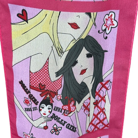 ANNA SUI Dolly Girl Pink Scarf Silk Women's Cartoon Print Fashion Scarf - Picture 5 of 7